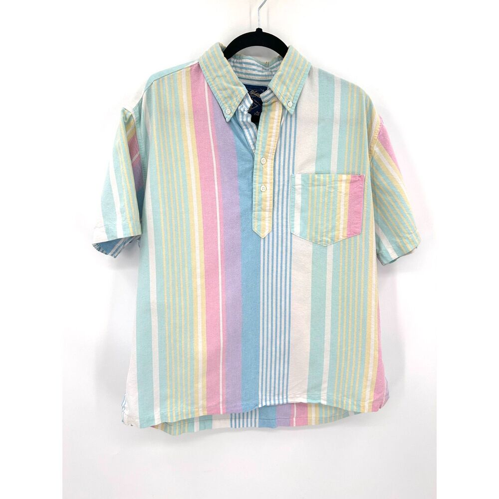 CHUBBIES The Nutter Pastel Rainbow Stripe Popover Shirt 100% Cotton Size Large